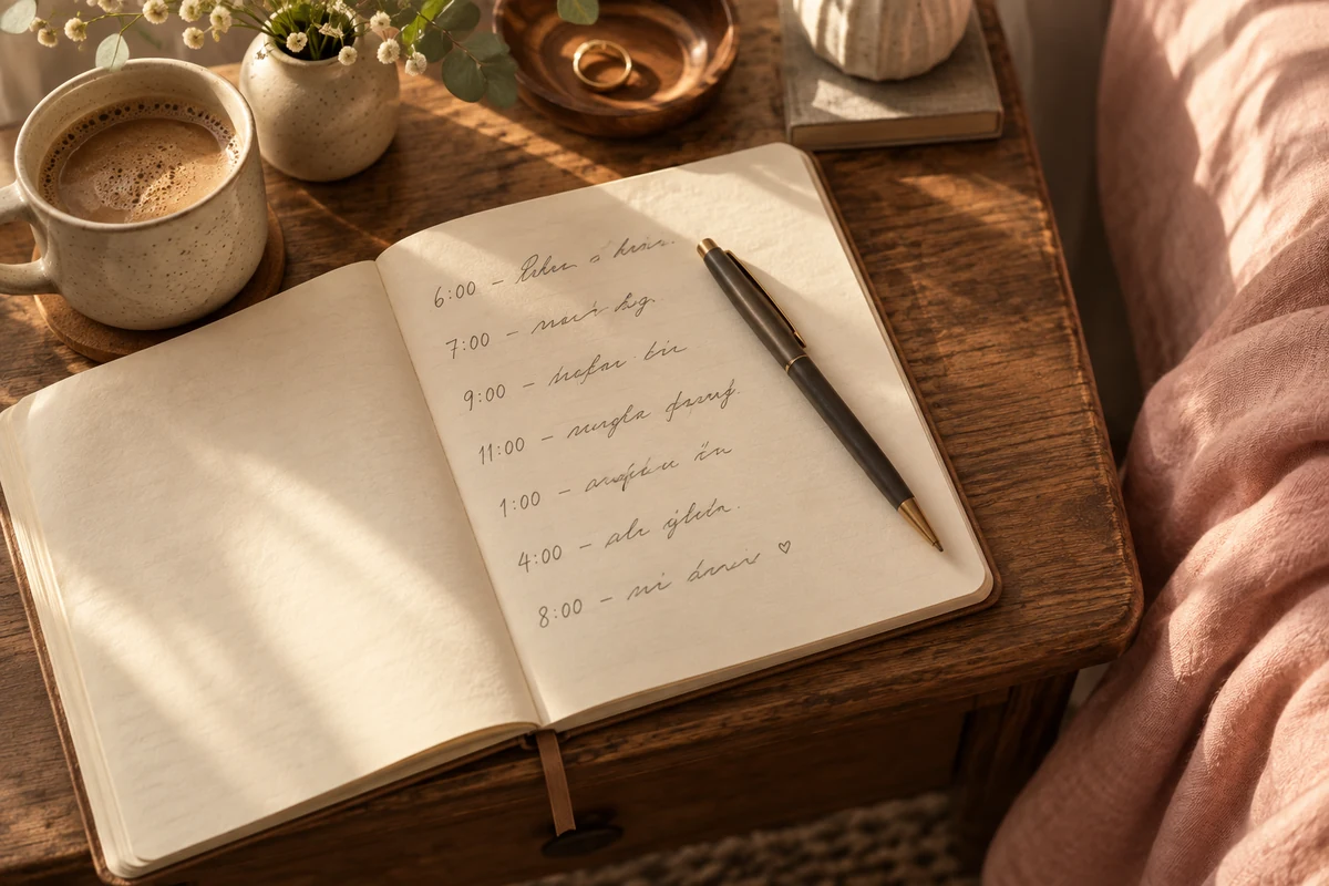 An open notebook on a bedside table in morning light, with a short handwritten entry and a time on each of seven lines