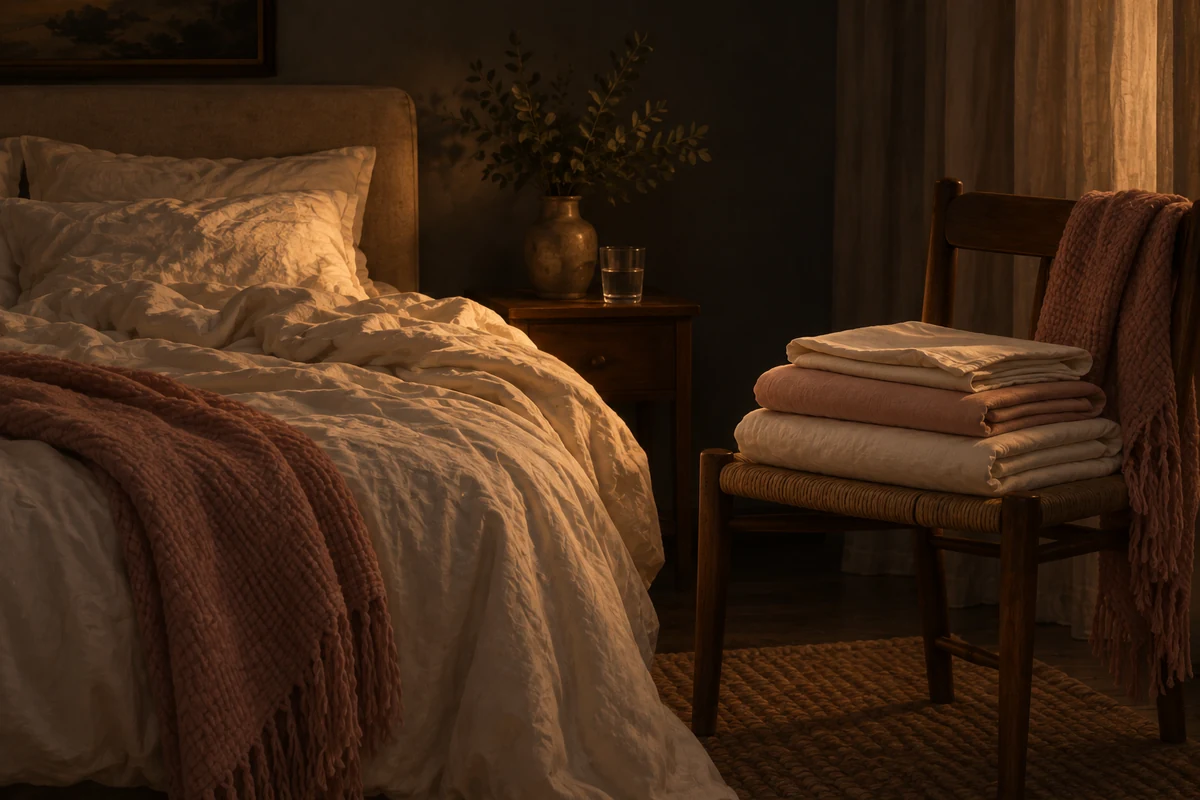 Clean spare bedding folded on a chair beside a bed at night, ready for a change of sheets in the early hours