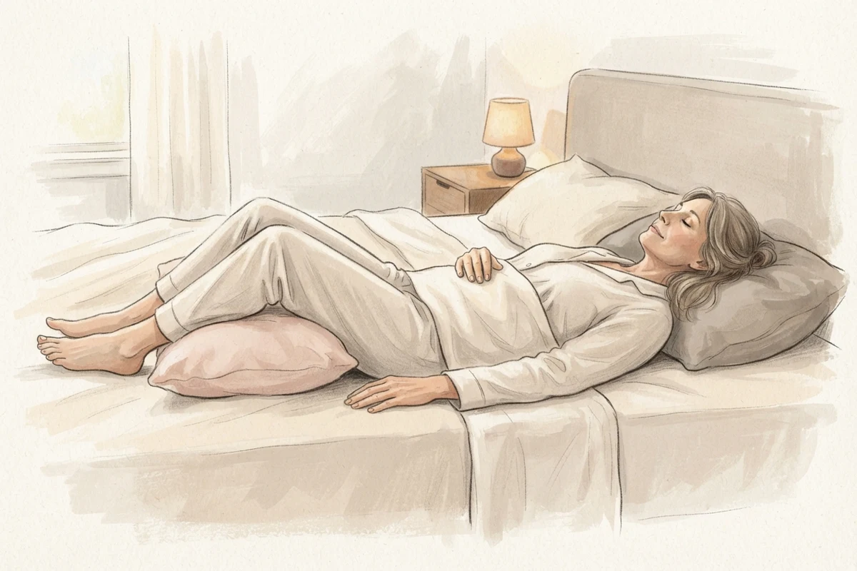 Illustration of a woman asleep on her back with a pillow under her head and a second pillow under her slightly bent knees