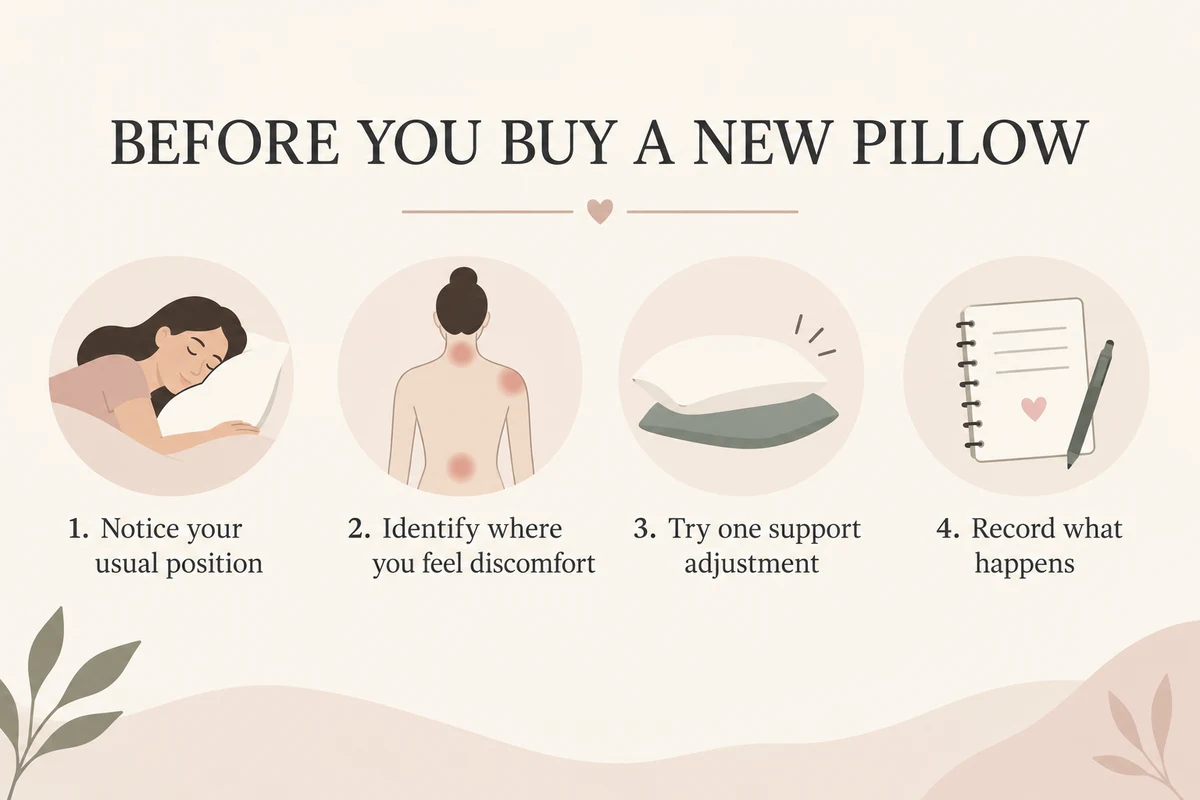 Graphic titled Before you buy a new pillow, with four steps: notice your usual position, identify where you feel discomfort, try one support adjustment, record what happens