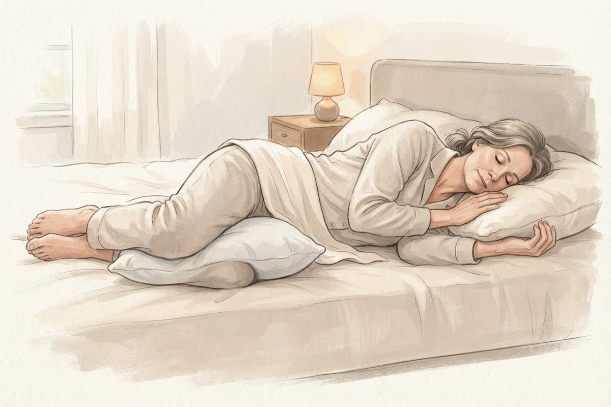Illustration of a woman asleep on her side with her head supported on a pillow and a second pillow held between her bent knees