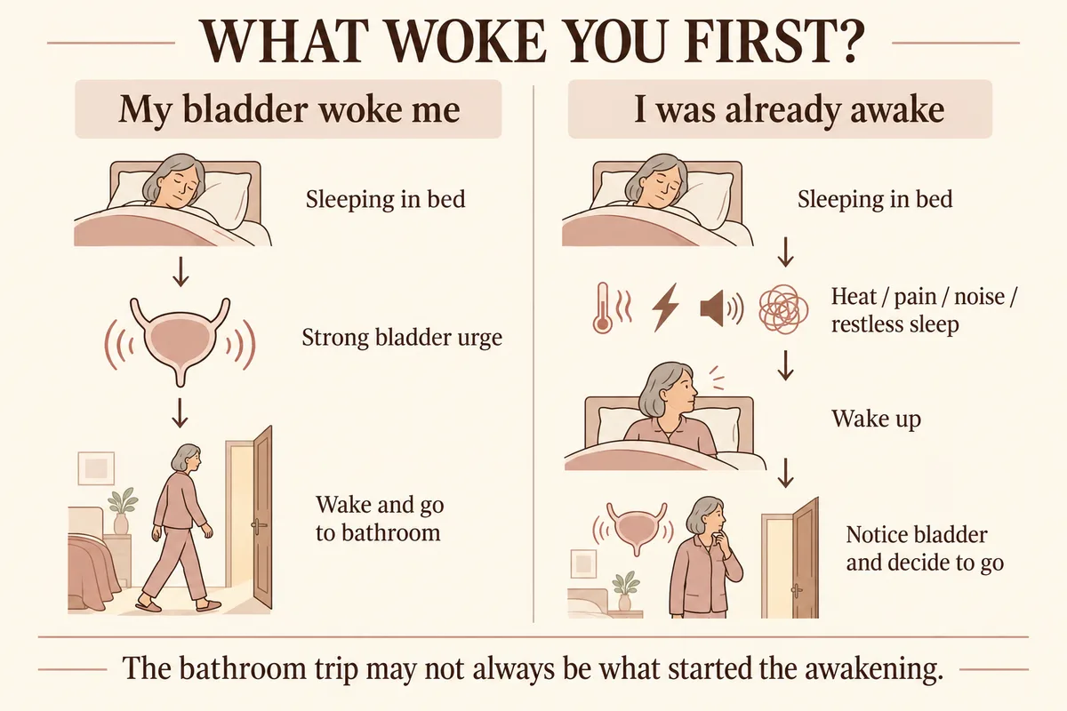 Two-column diagram: on the left a bladder urge wakes a sleeping woman who walks to the bathroom; on the right she wakes from heat, pain, noise or restless sleep and then notices her bladder.