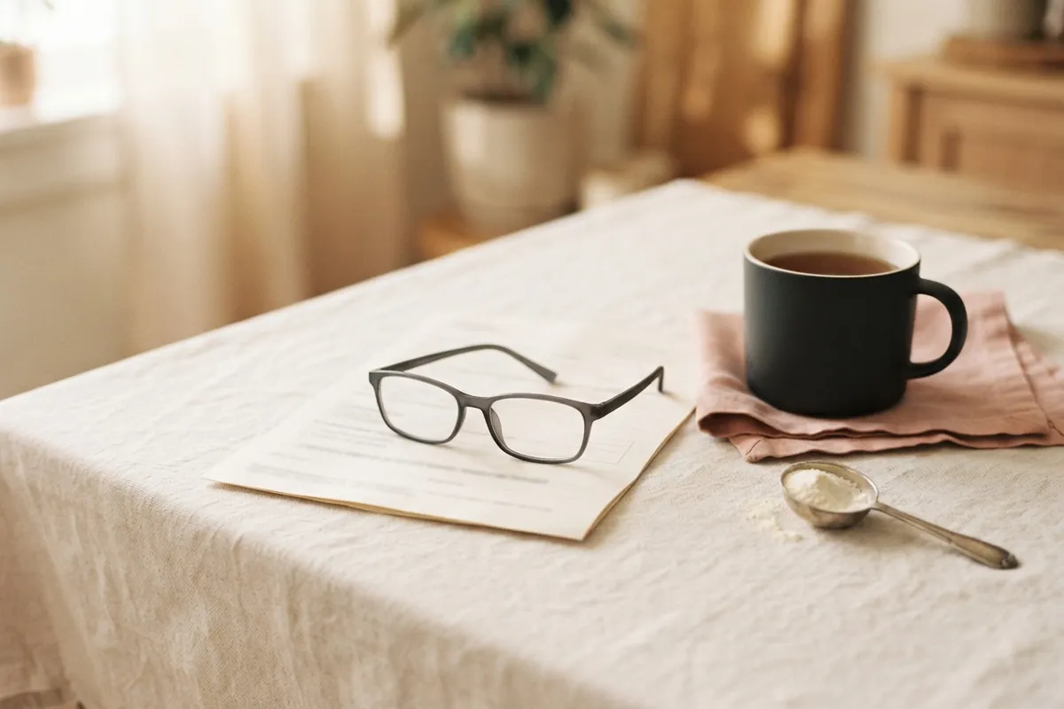 A folded form under a pair of reading glasses on a kitchen table, next to a mug of tea and a spoon of powder