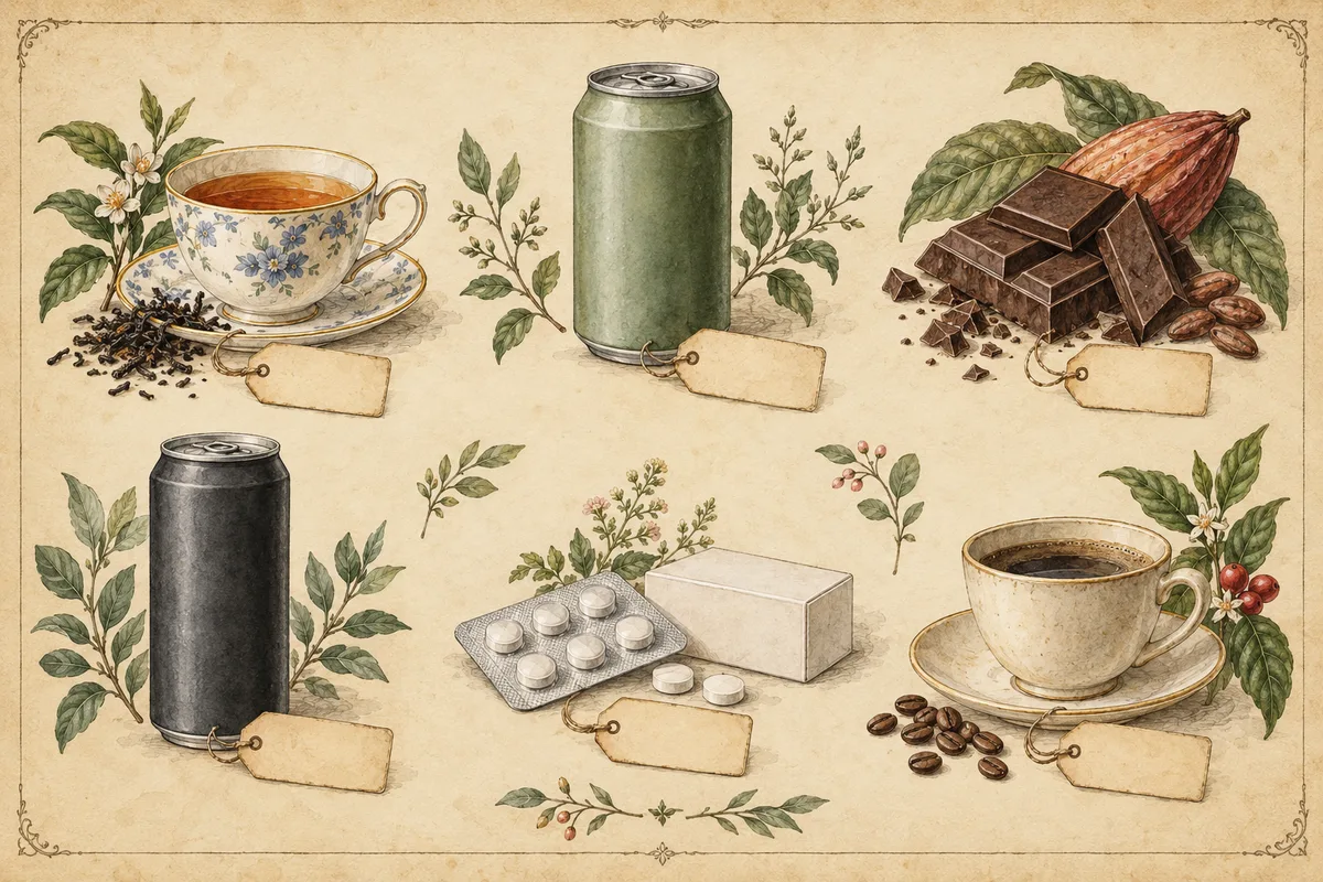 Painted specimen plate of everyday items that can contain caffeine: a teacup of tea, a soda can, dark chocolate, an energy drink can, cold tablets and a cup of decaf coffee.