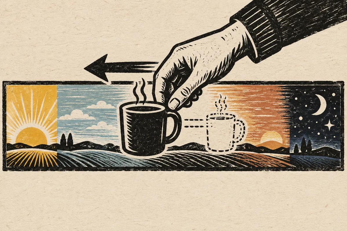 Illustrated ribbon of a day from sunrise to night, with a hand lifting the afternoon cup and moving it earlier.