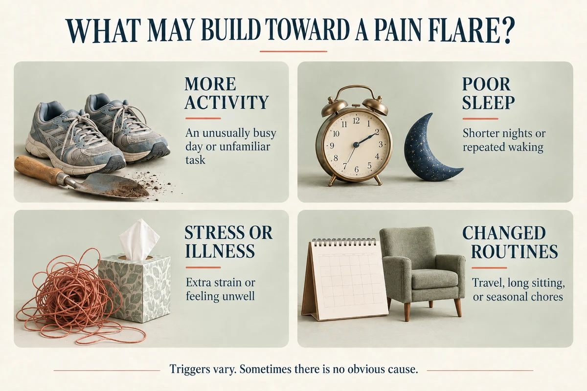 Four possible pain flare contributors: more activity, poor sleep, stress or illness, and changed routines