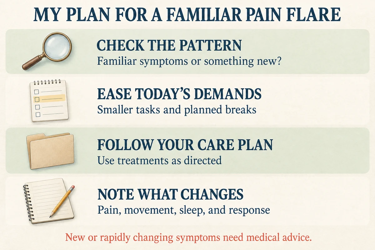 Four-step flare plan: check symptoms, ease demands, follow the care plan, and note changes