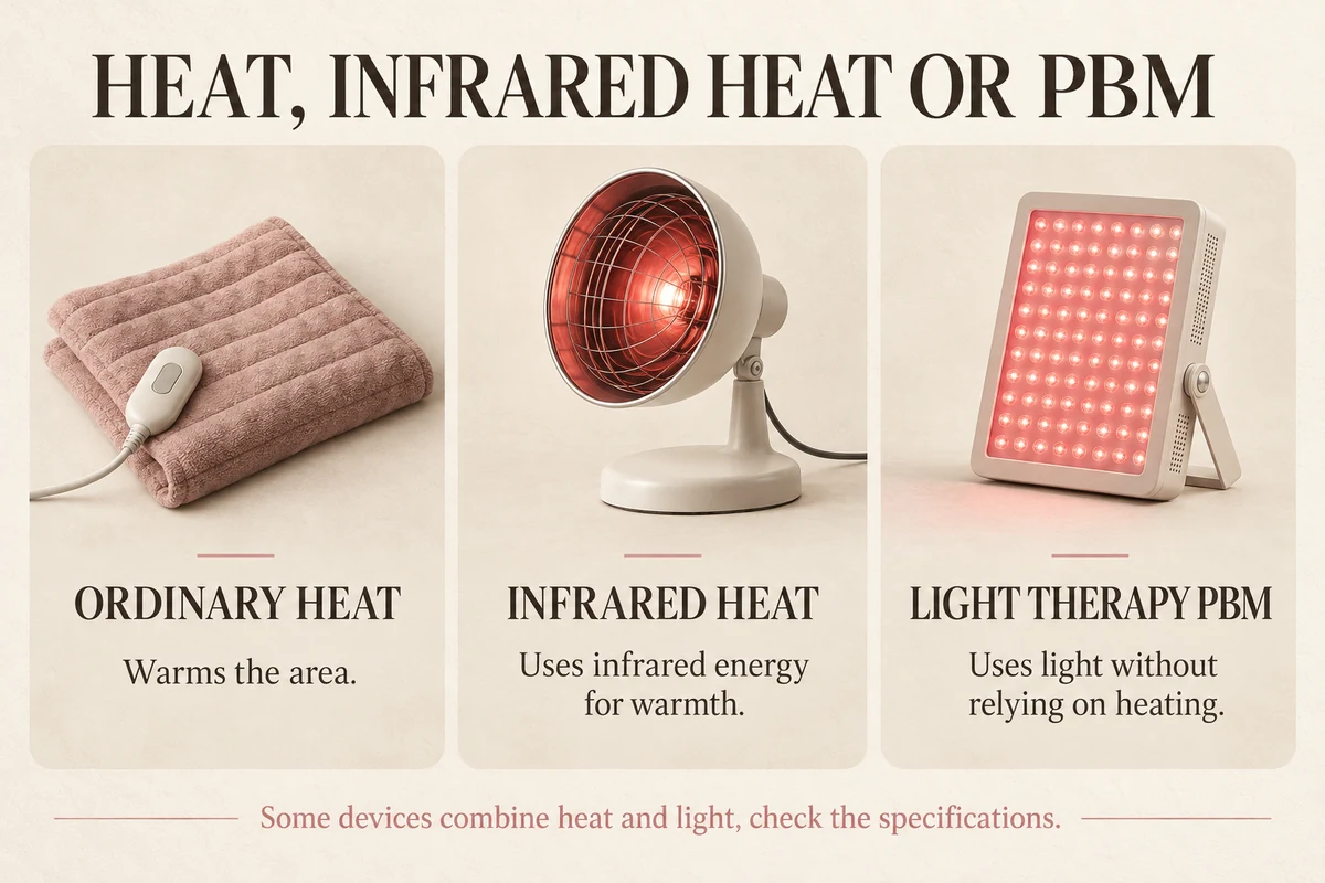 Three cards comparing ordinary heat, infrared heat and light therapy PBM, showing how each one works