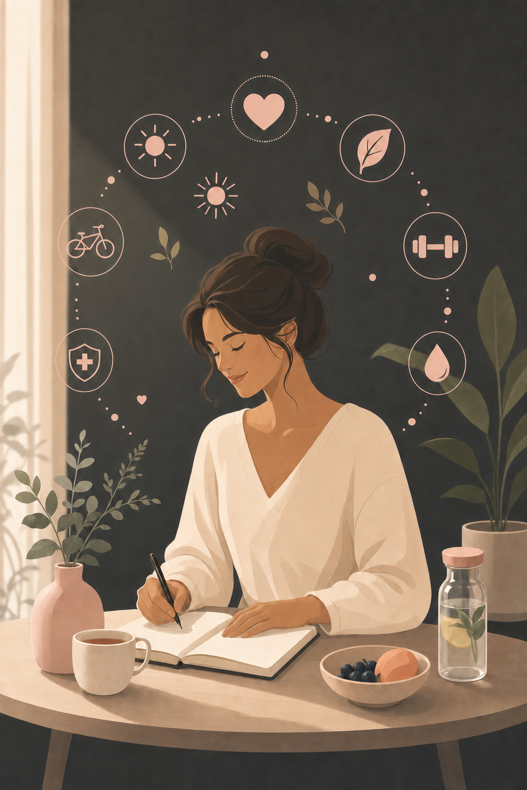 Woman journaling with tea, fruit, and water at a sunlit table, surrounded by icons for heart health, nutrition, fitness, hydration, and mindfulness