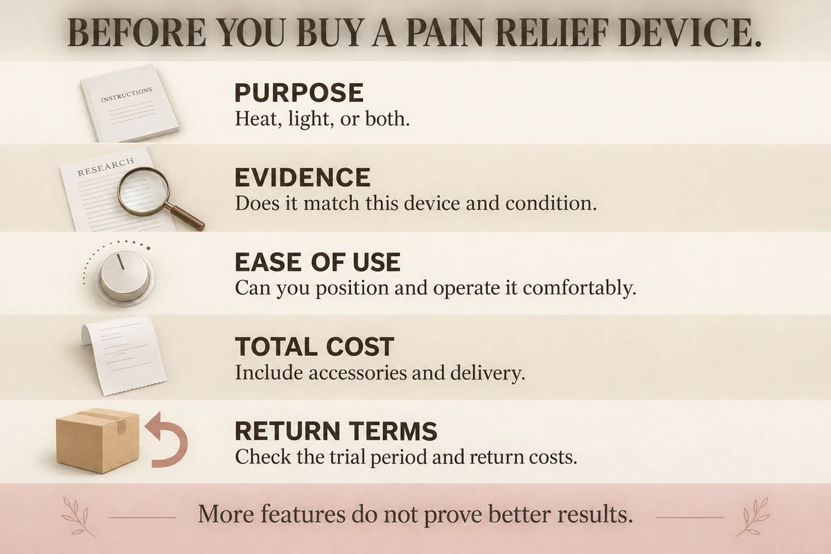 Checklist of five questions to ask before buying a heat or red light pain-relief device: purpose, evidence, ease of use, total cost and return terms
