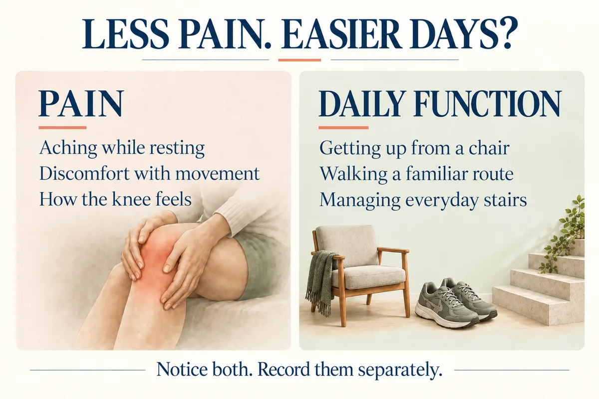 Two-column graphic contrasting knee pain symptoms with daily function tasks such as getting up from a chair, walking a familiar route, and managing stairs