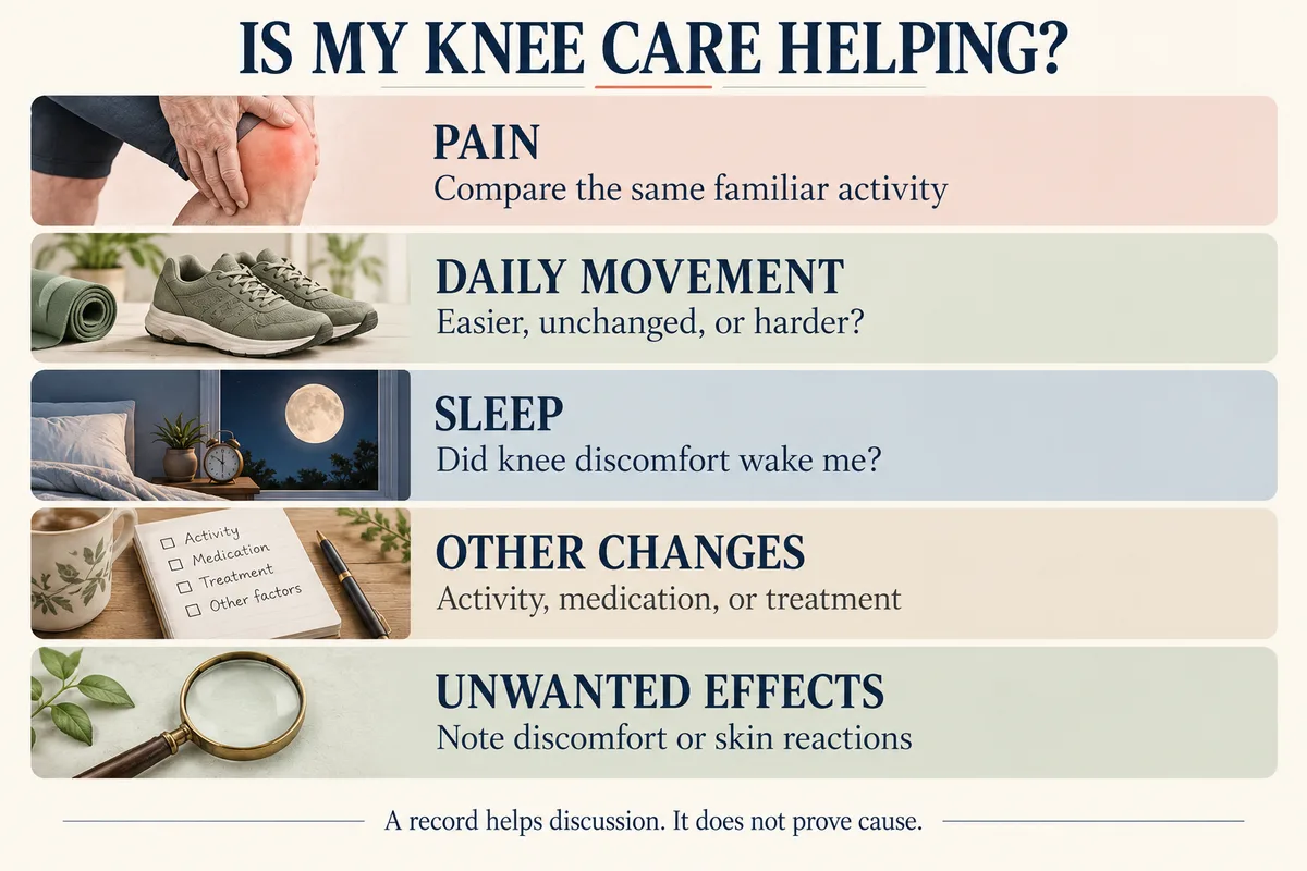 Checklist graphic for tracking knee pain, daily movement, sleep, other changes, and unwanted effects