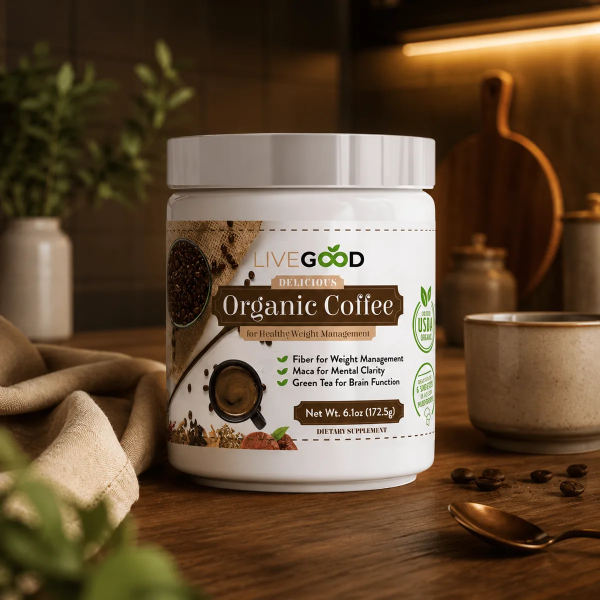 LiveGood Instant Organic Coffee - Healthy Organic Weight Management Coffee with Mushrooms