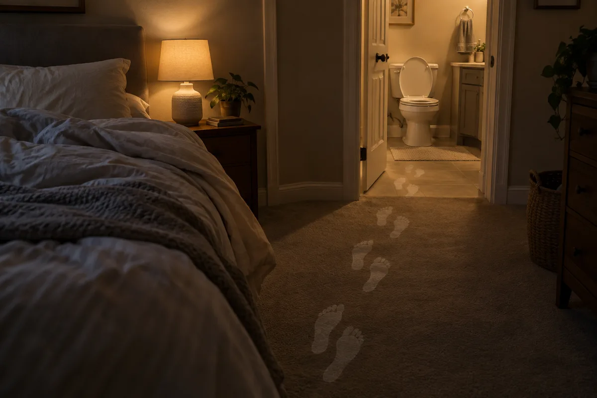 Faint footprints crossing a dim bedroom carpet from the bed toward a lit bathroom.
