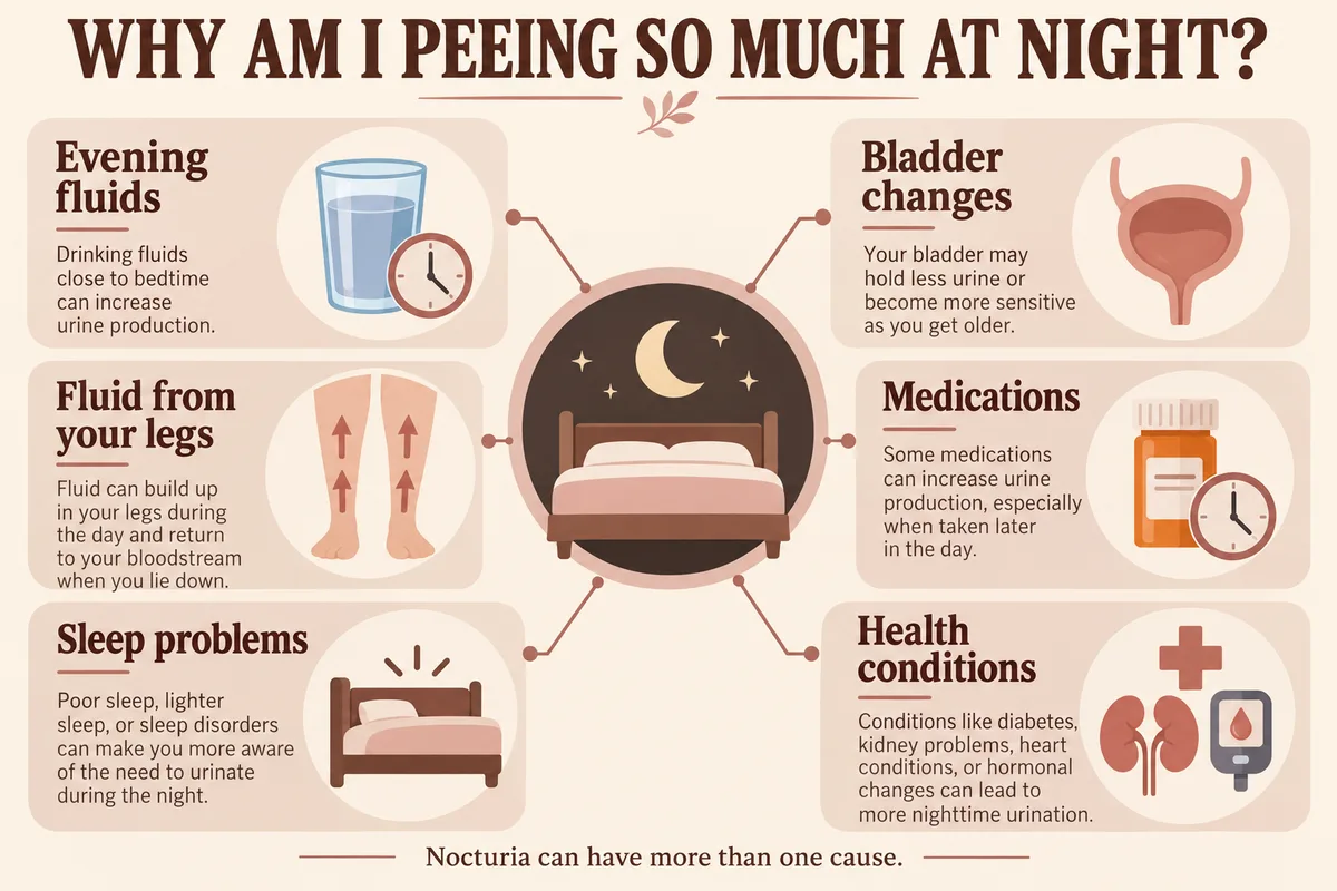 Infographic titled Why am I peeing so much at night, showing six possible causes: evening fluids, bladder changes, fluid from the legs, medications, sleep problems and health conditions.