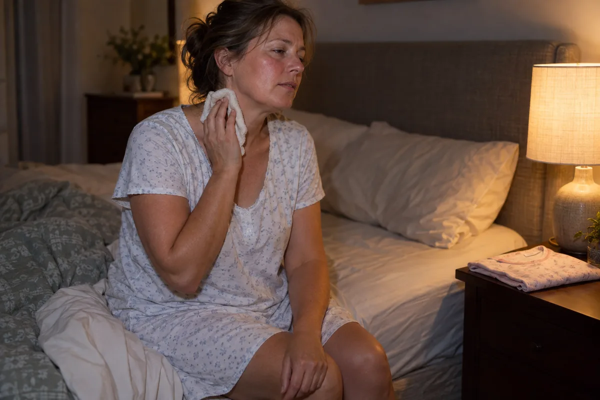Woman cooling her neck with a cloth after waking with night sweats.