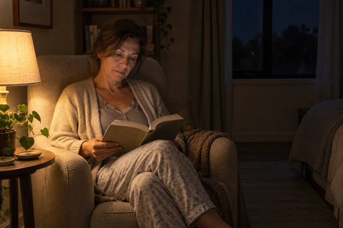 Woman reading quietly by a shaded lamp during a nighttime waking.