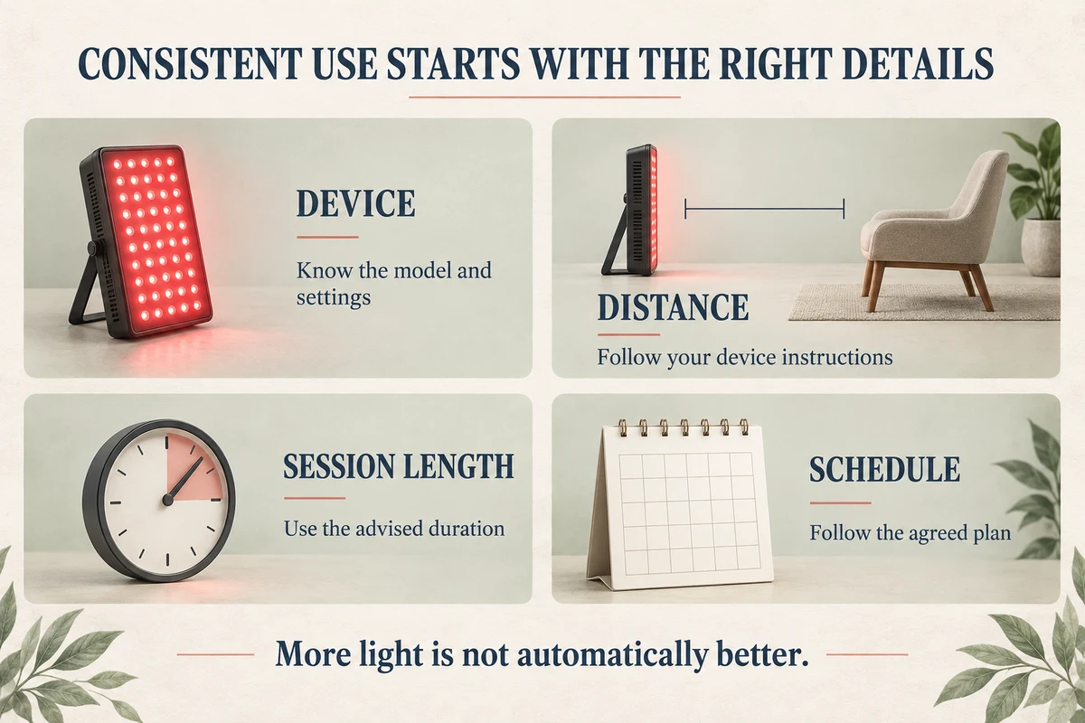 Red light therapy checklist covering device, distance, session length, and schedule
