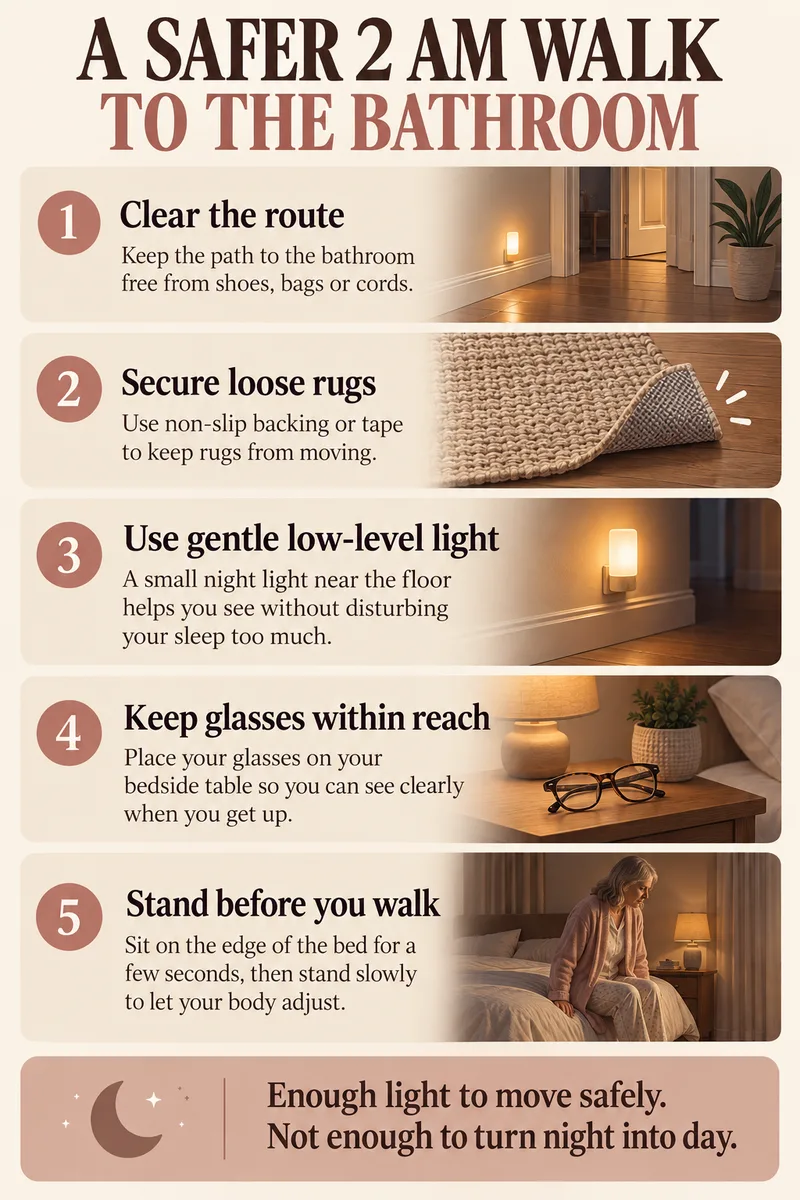 Five-step checklist for a safer 2 a.m. walk to the bathroom: clear the route, secure loose rugs, use gentle low light, keep glasses within reach, and stand slowly before you walk.