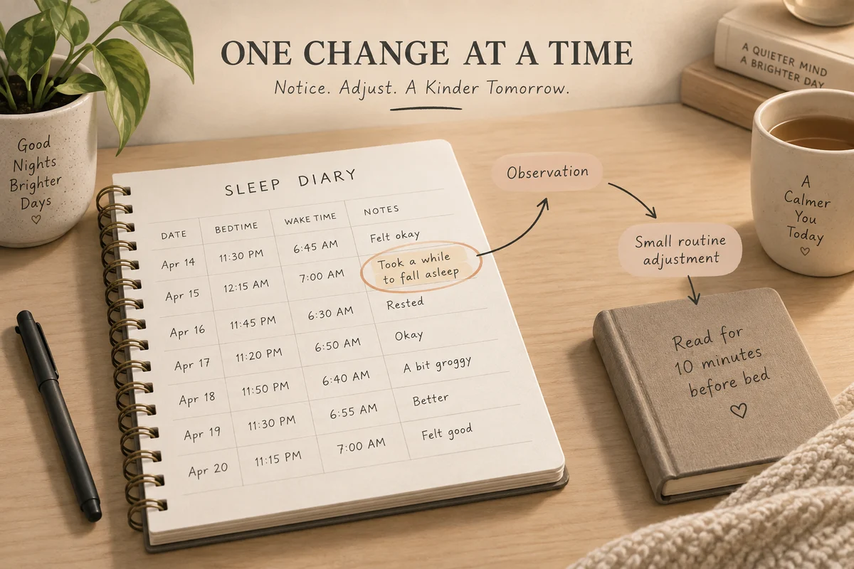 A sleep diary notebook open on a bedside table with one week of entries, one observation circled and an arrow leading to a single small routine adjustment written in a separate notebook