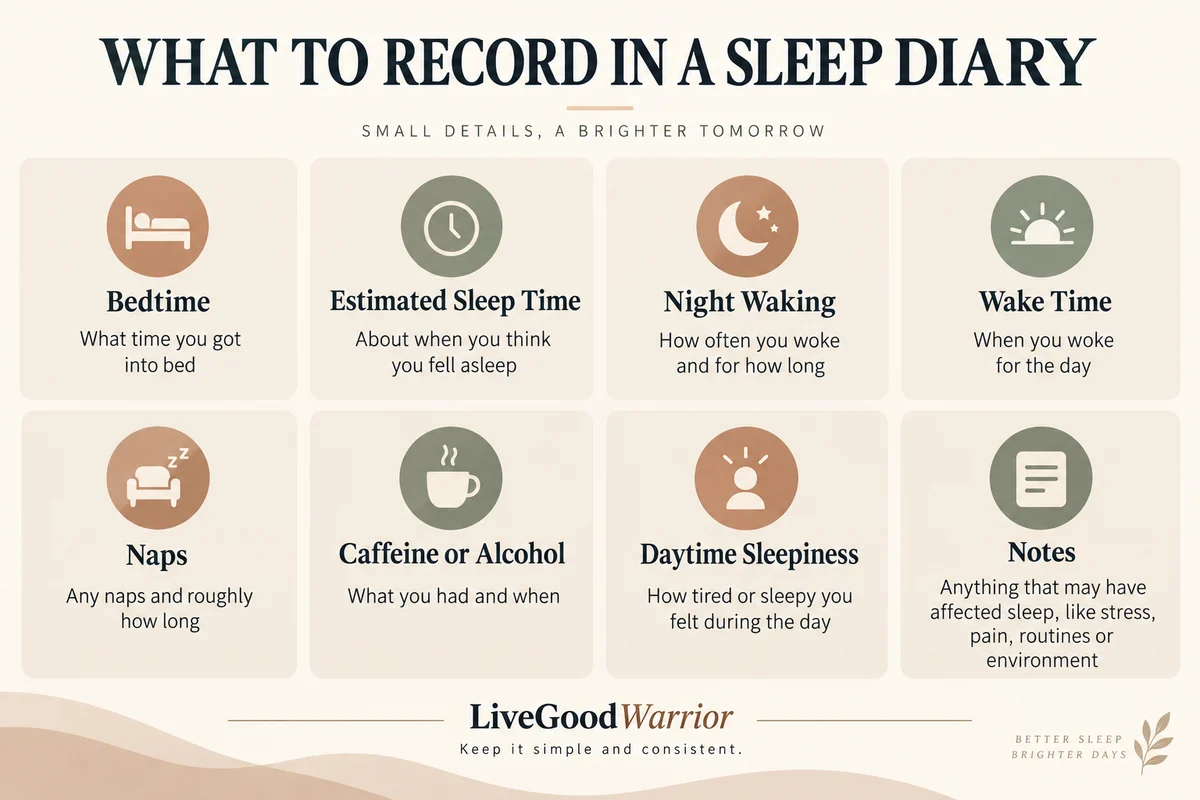 Infographic titled What to record in a sleep diary, with eight panels: bedtime, estimated sleep time, night waking, wake time, naps, caffeine or alcohol, daytime sleepiness, and notes