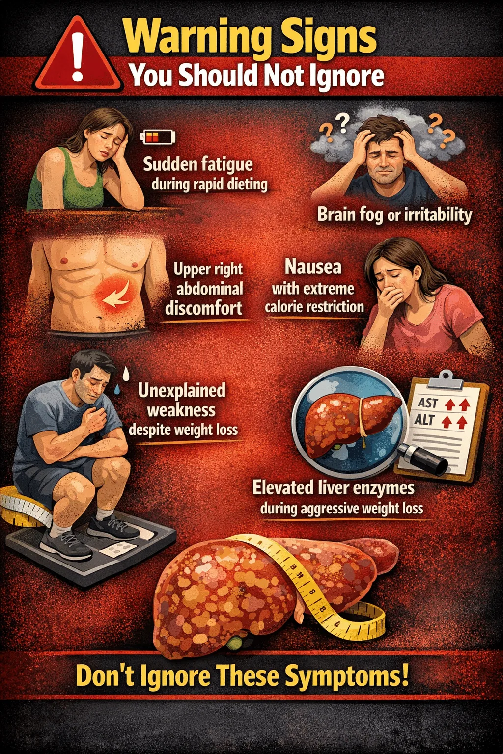 Infographic titled Warning Signs You Should Not Ignore showing illustrated symptoms including sudden fatigue during rapid dieting, brain fog or irritability, upper right abdominal discomfort, nausea with extreme calorie restriction, unexplained weakness despite weight loss, and elevated liver enzymes, with visual icons of tired individuals, abdominal pain highlight, nausea, scale weakness, and a liver with rising AST and ALT markers.
