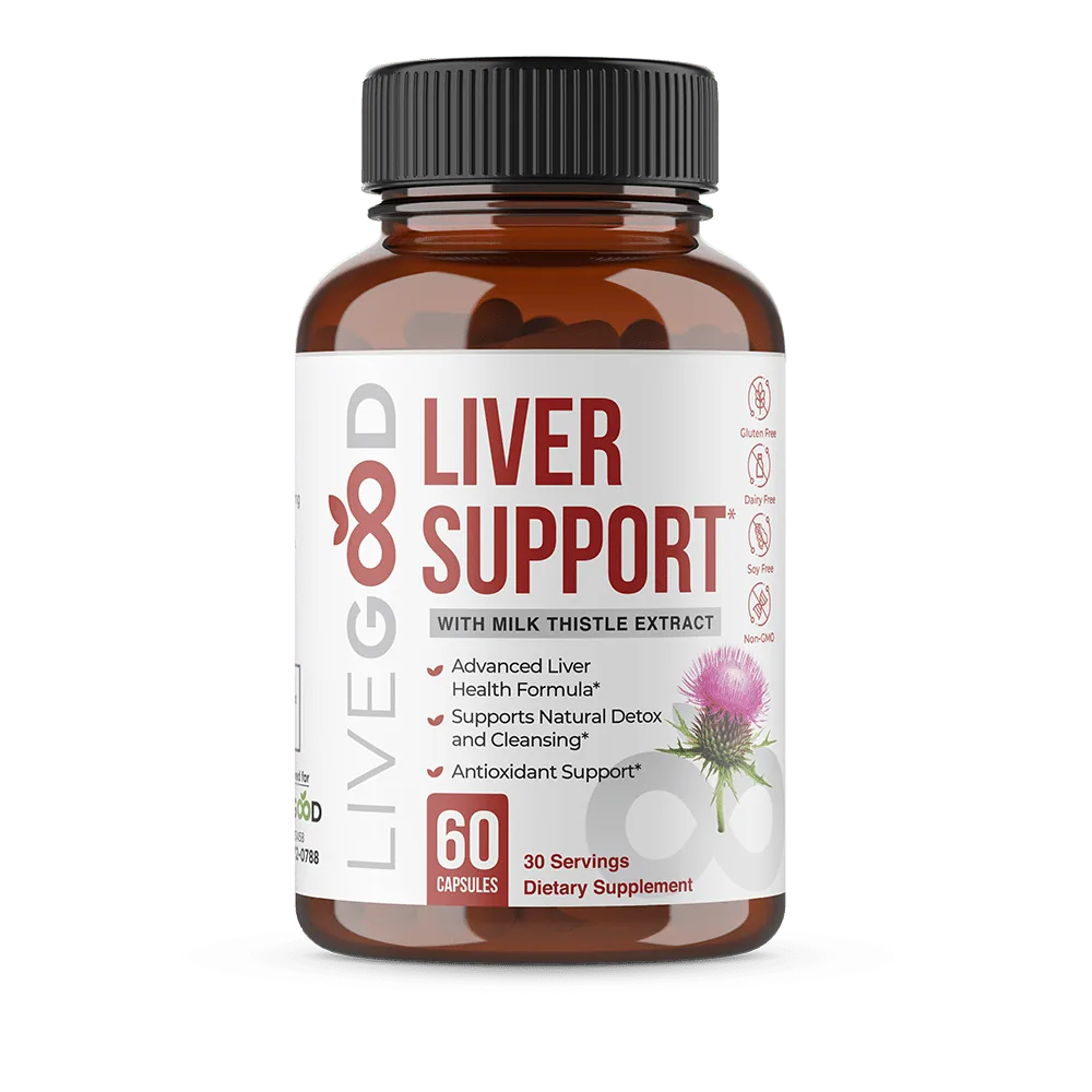 LiveGood Liver Support supplement bottle with milk thistle extract, 60 capsules