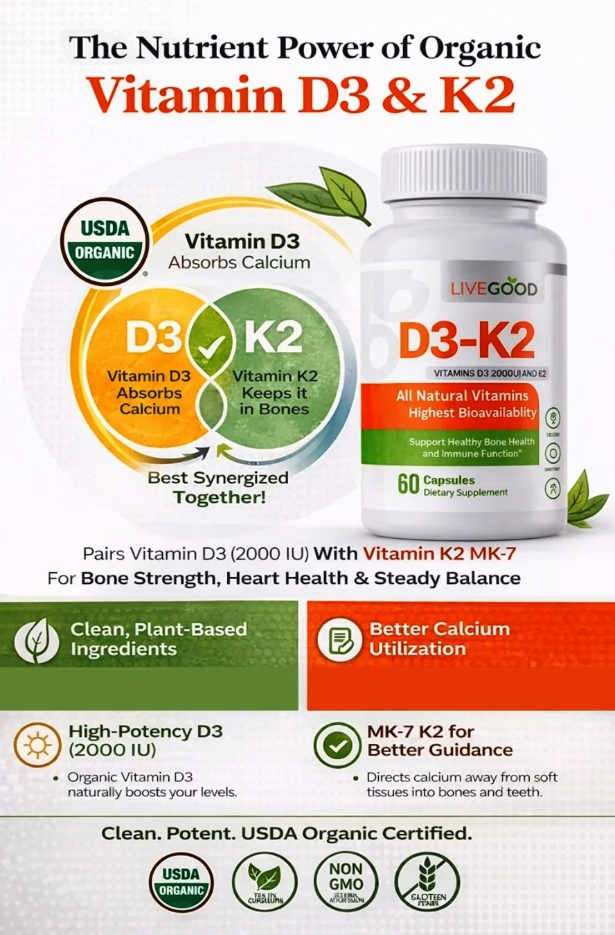 Infographic for organic vitamin D3 and K2 supplement showing D3 absorption and MK-7 K2 calcium guidance with USDA Organic certification