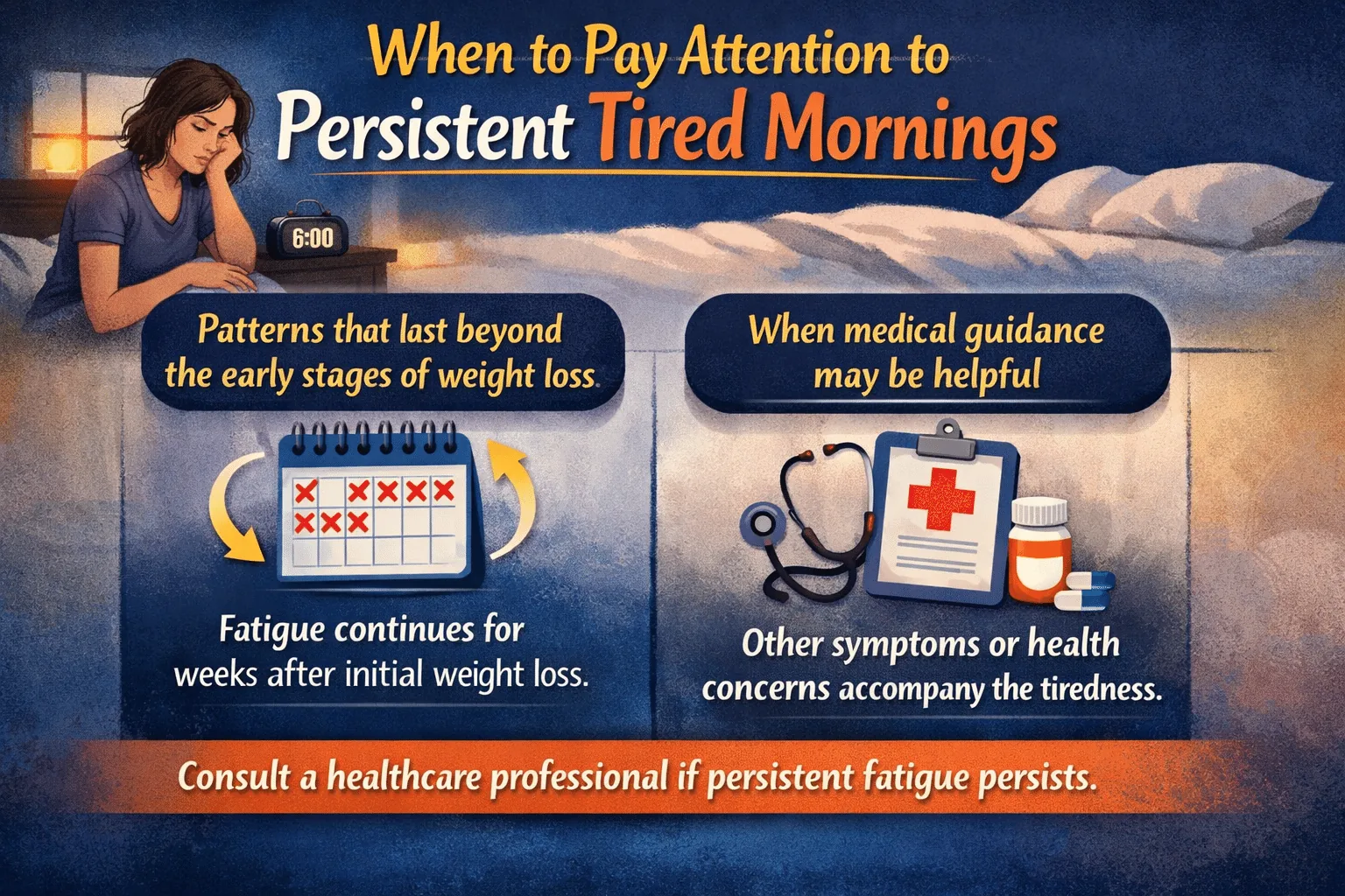 Persistent tired mornings during weight loss: illustration showing a fatigued woman waking up, highlighting fatigue lasting beyond early weight loss and when medical guidance may be helpful.