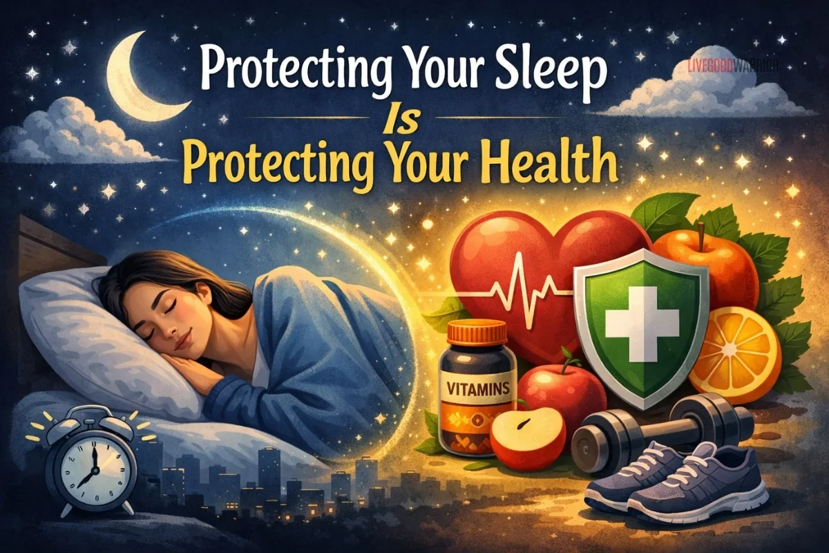 Woman sleeping peacefully under a night sky while health symbols like a heart, vitamins, fruit, and fitness items illustrate how protecting sleep supports overall health.