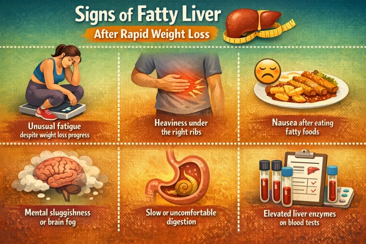 Infographic showing six possible signs of fatty liver after rapid weight loss: unusual fatigue despite weight loss progress, heaviness under the right ribs, nausea after eating fatty foods, mental sluggishness or brain fog, slower or uncomfortable digestion, and slightly elevated liver enzymes on routine blood tests.