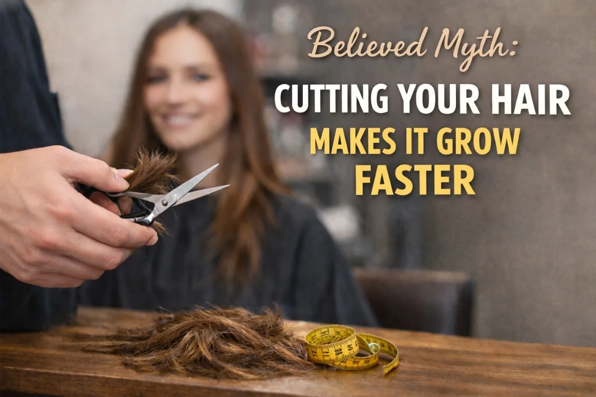 Hairdresser cutting a woman’s hair in a salon illustrating the myth that cutting hair makes it grow faster.