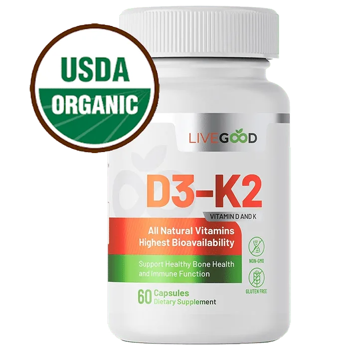 Organic vitamin D3 and K2 supplement with USDA Organic certification badge