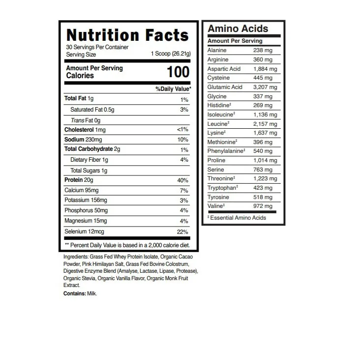Chocolate whey protein isolate with colostrum nutrition facts label and full amino acid profile showing 20g protein per serving