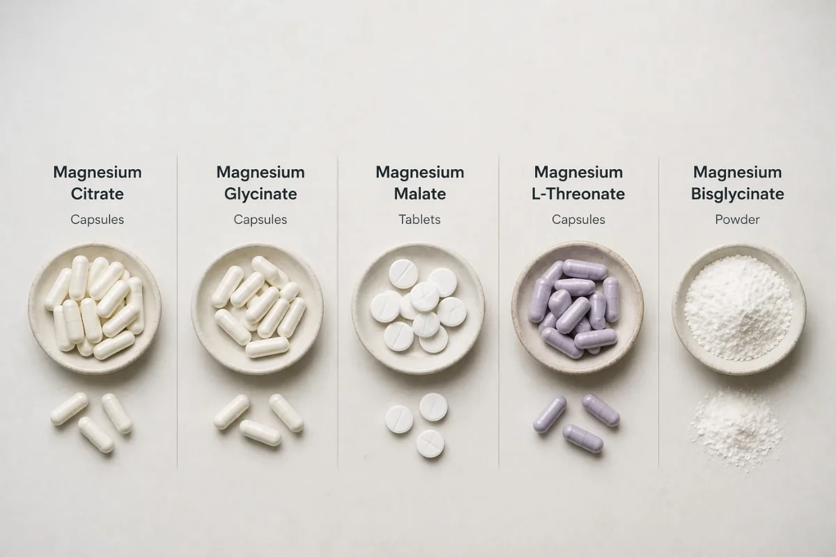 different forms of magnesium supplements comparison with capsules tablets and powder in clean organized layout