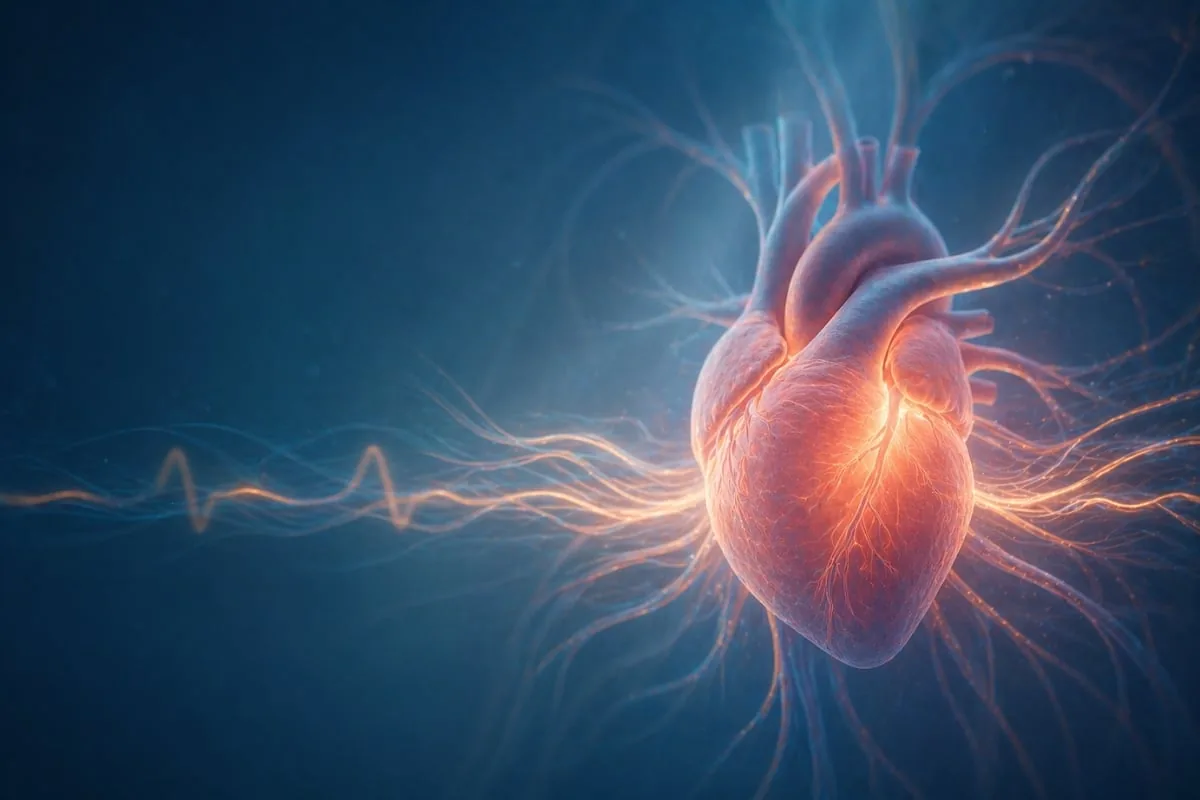 heart rhythm and circulation concept with glowing heart and soft pulse light waves