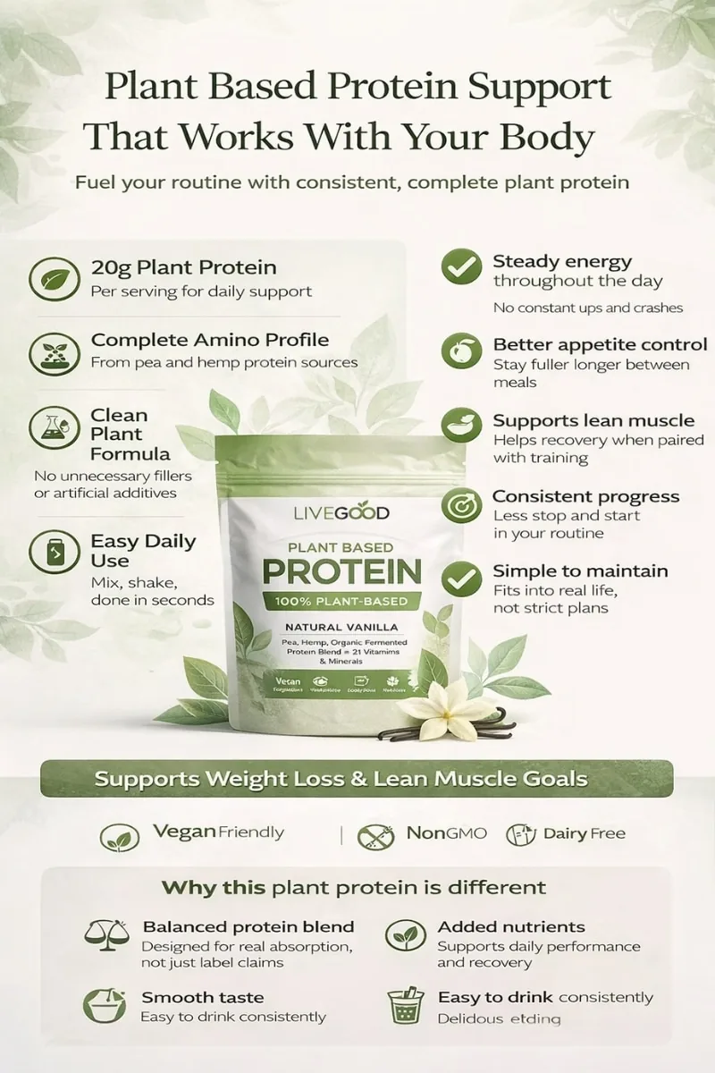 plant based protein powder infographic showing benefits, amino acid profile, steady energy, appetite control and clean vegan formula