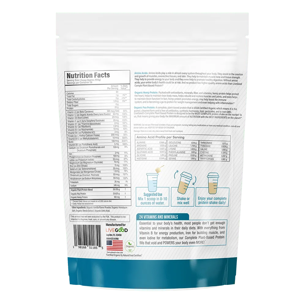 Plant based protein powder nutrition facts label showing vitamins minerals amino acids and serving details