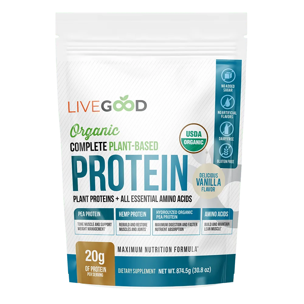 Plant-based protein powder for weight loss by LiveGood, organic pea and hemp protein vanilla flavour with 20g protein per serving