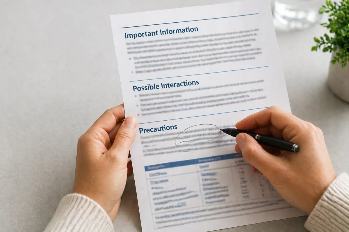 supplement leaflet with important information possible interactions and precautions being highlighted by hand