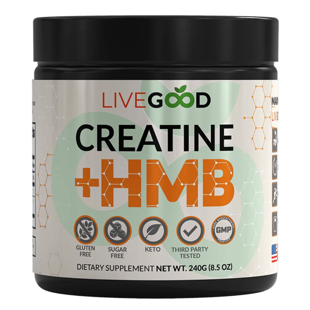 LiveGood Creatine HMB supplement powder for muscle strength recovery and healthy aging