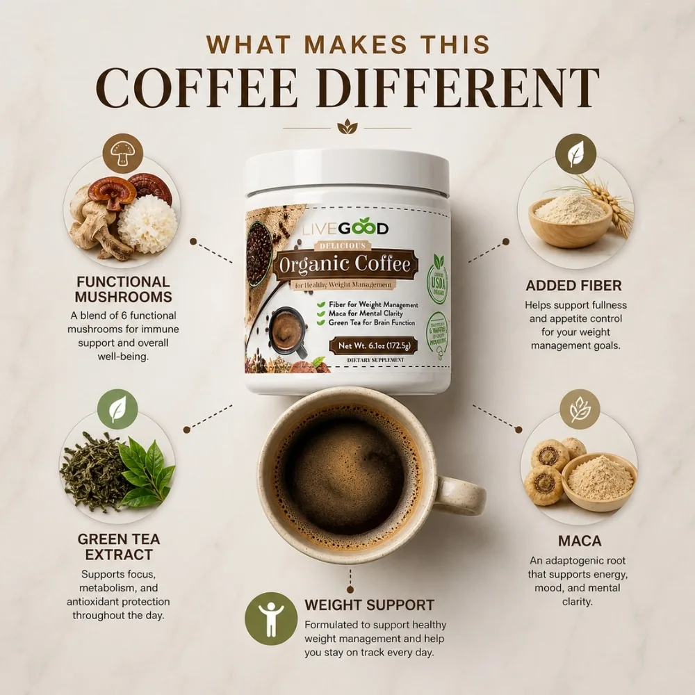 organic mushroom coffee infographic showing functional mushrooms, fiber, green tea extract, maca and weight support benefits