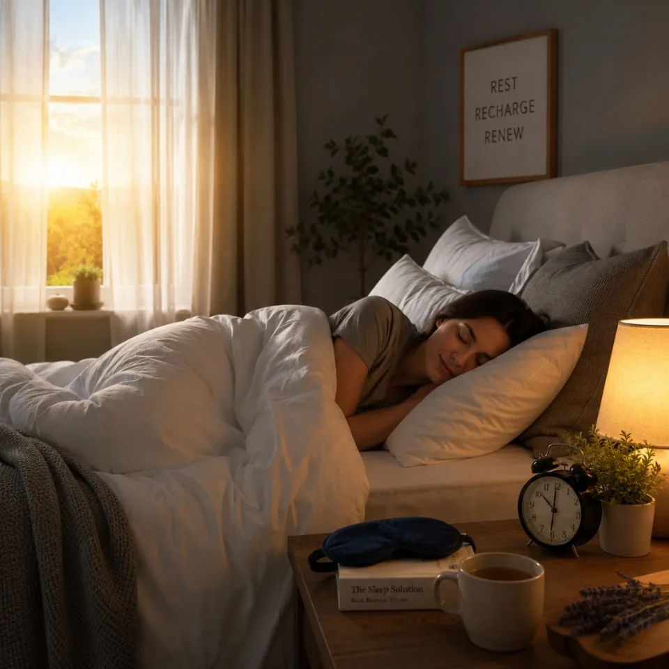 woman sleeping peacefully in a cozy bedroom with warm evening light and calming bedtime routine items
