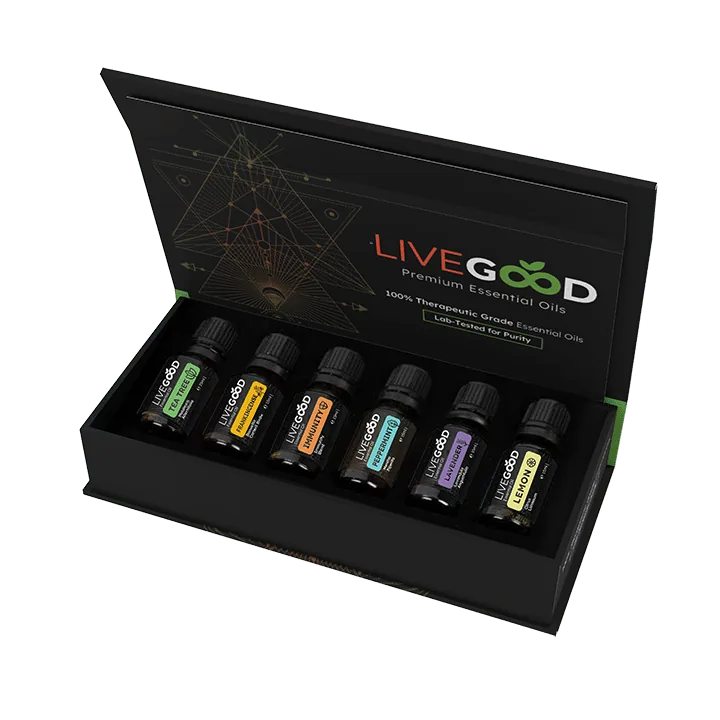 LiveGood Essential Oils premium essential oils collection with tea tree, peppermint, lavender, lemon, and frankincense oils
